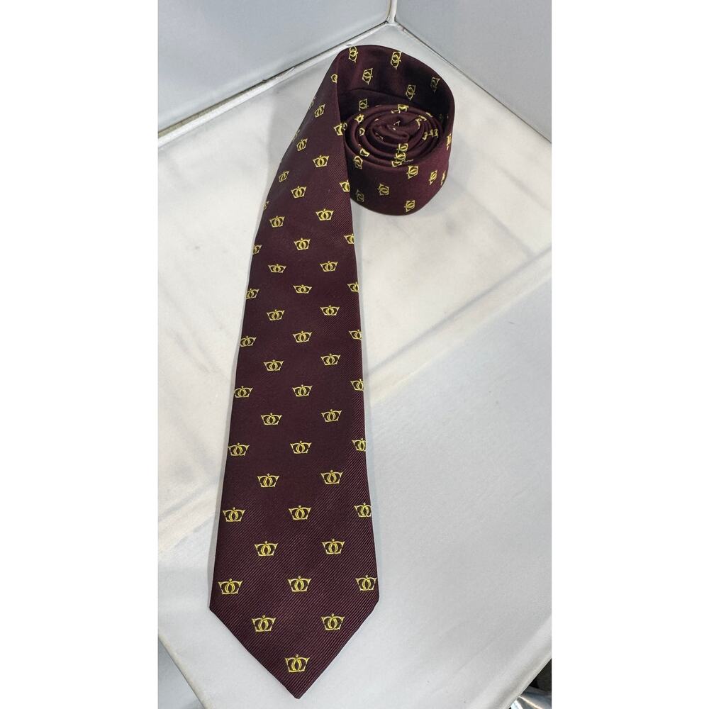 Ben Silver Charleston Sillk‎ tie Handmade in England Burgundy with gold crowns